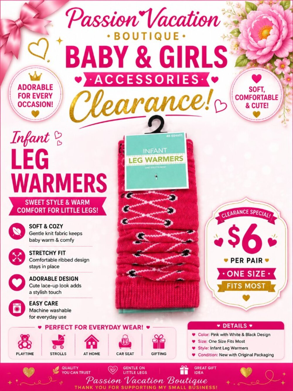 Infant Pink Leg Warmers Lace-Up Design | One Size Fits Most | New